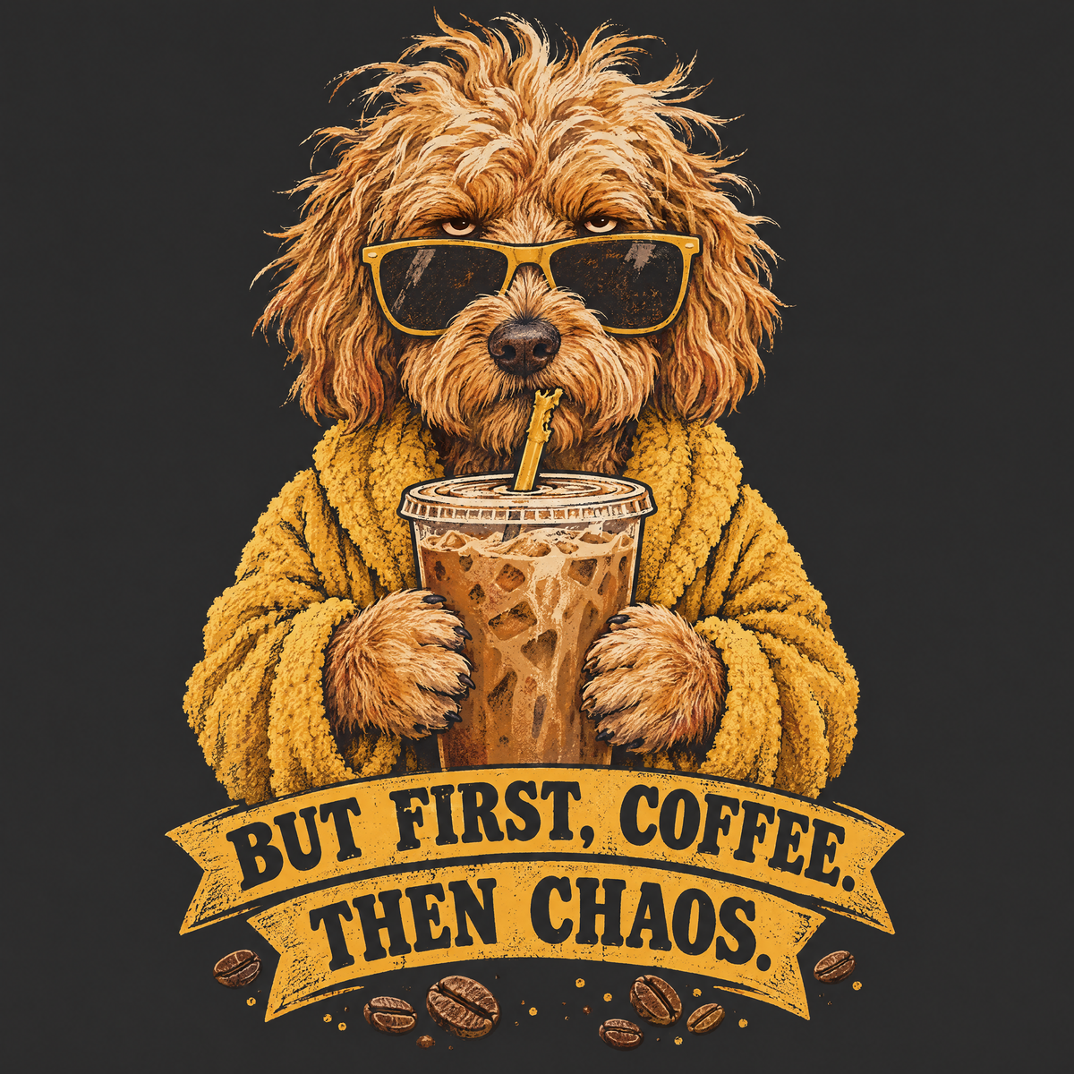 Painterly Goldendoodle with an iced coffee, funny coffee tee
