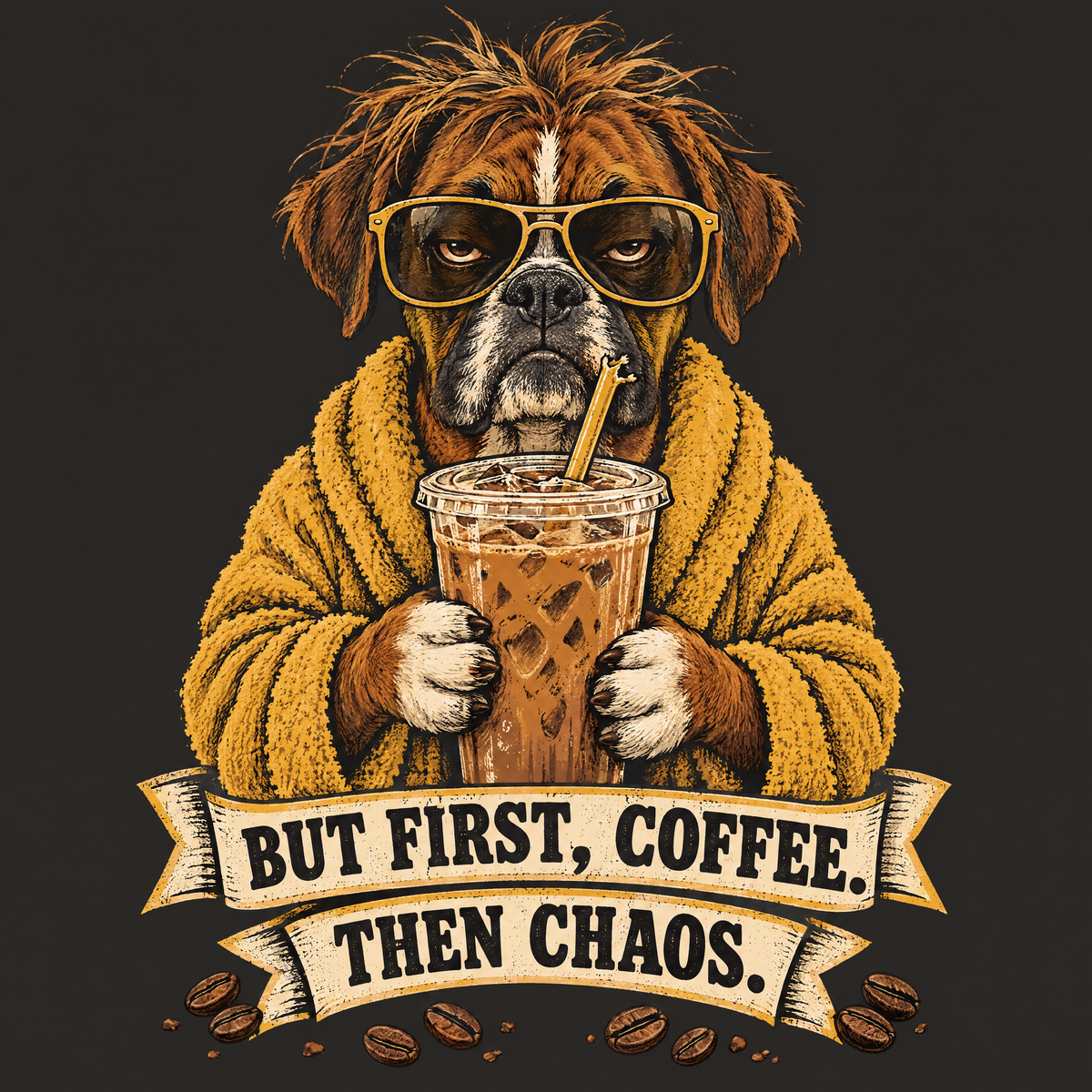 Painterly Boxer dog with an iced coffee, funny coffee tee