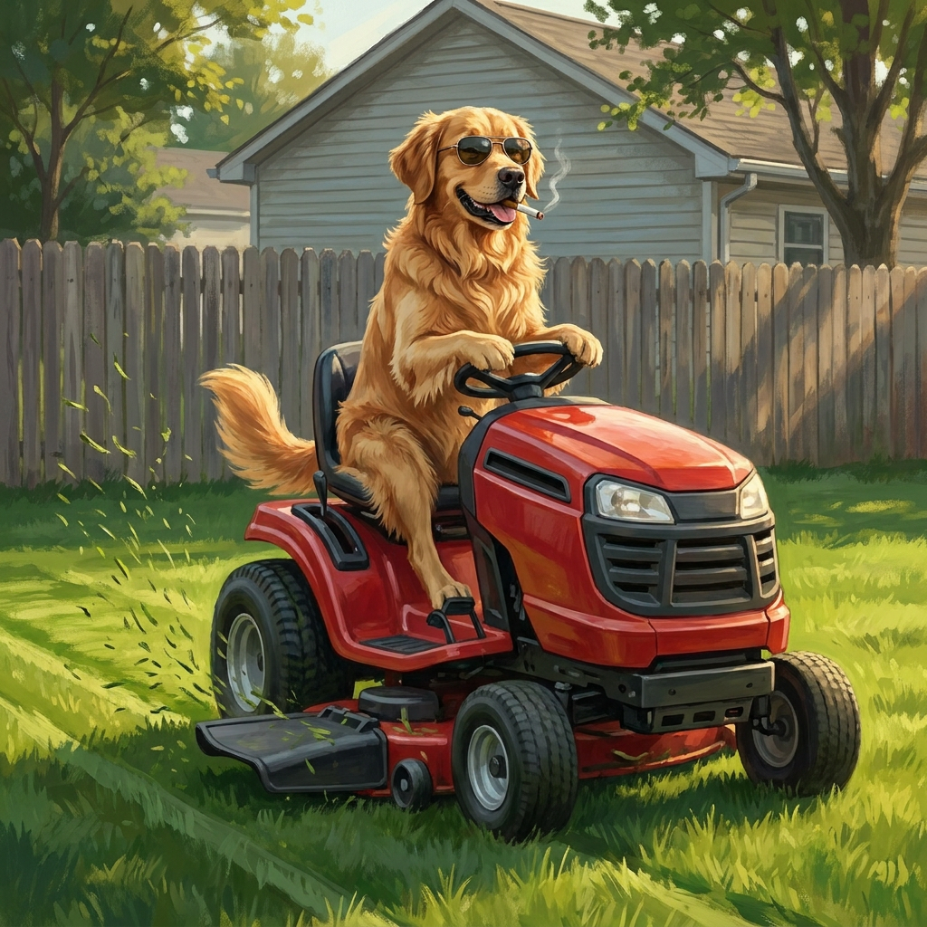 Golden Retriever riding a lawn mower from the Rowdy Paws Spring Collection