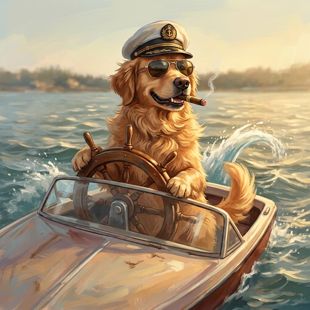 Golden Retriever boat captain from the Rowdy Paws Summer Collection