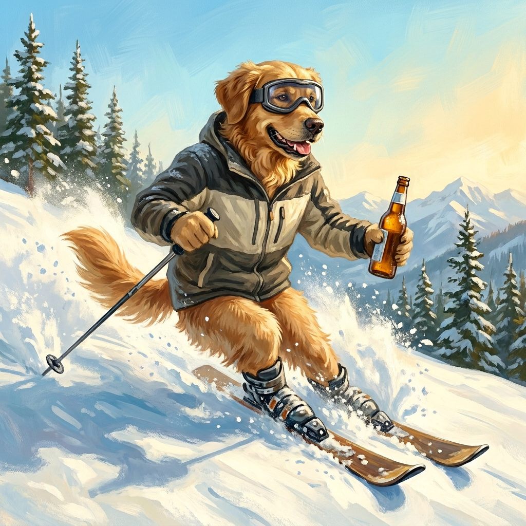Golden Retriever skiing with a beer from the Rowdy Paws Winter Collection