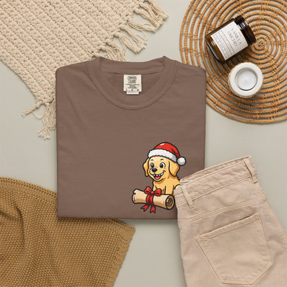 Naughty List Champion Golden Retriever Pocket Tee | Funny Christmas Dog Shirt