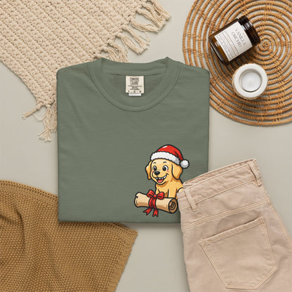 Naughty List Champion Golden Retriever Pocket Tee | Funny Christmas Dog Shirt