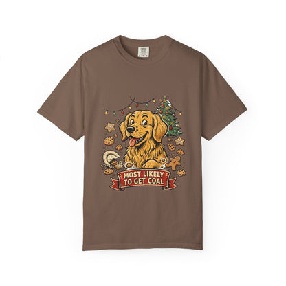 Golden Retriever Most Likely To Get Coal Tee | Funny Christmas Dog Graphic Shirt