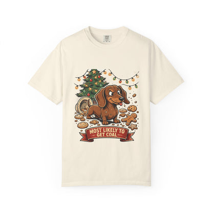 Dachshund Most Likely To Get Coal Tee | Funny Christmas Dog Graphic Shirt