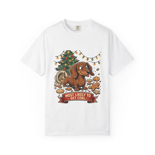 Dachshund Most Likely To Get Coal Tee | Funny Christmas Dog Graphic Shirt