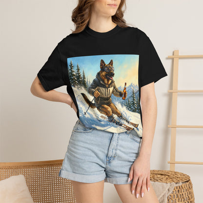 German Shepherd Skiing Tee | Funny Winter Dog Graphic Shirt