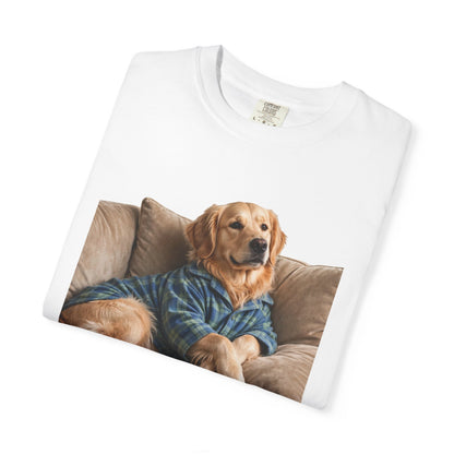 Golden Retriever He Sits Like He Pays Rent Tee | Funny Dog Shirt