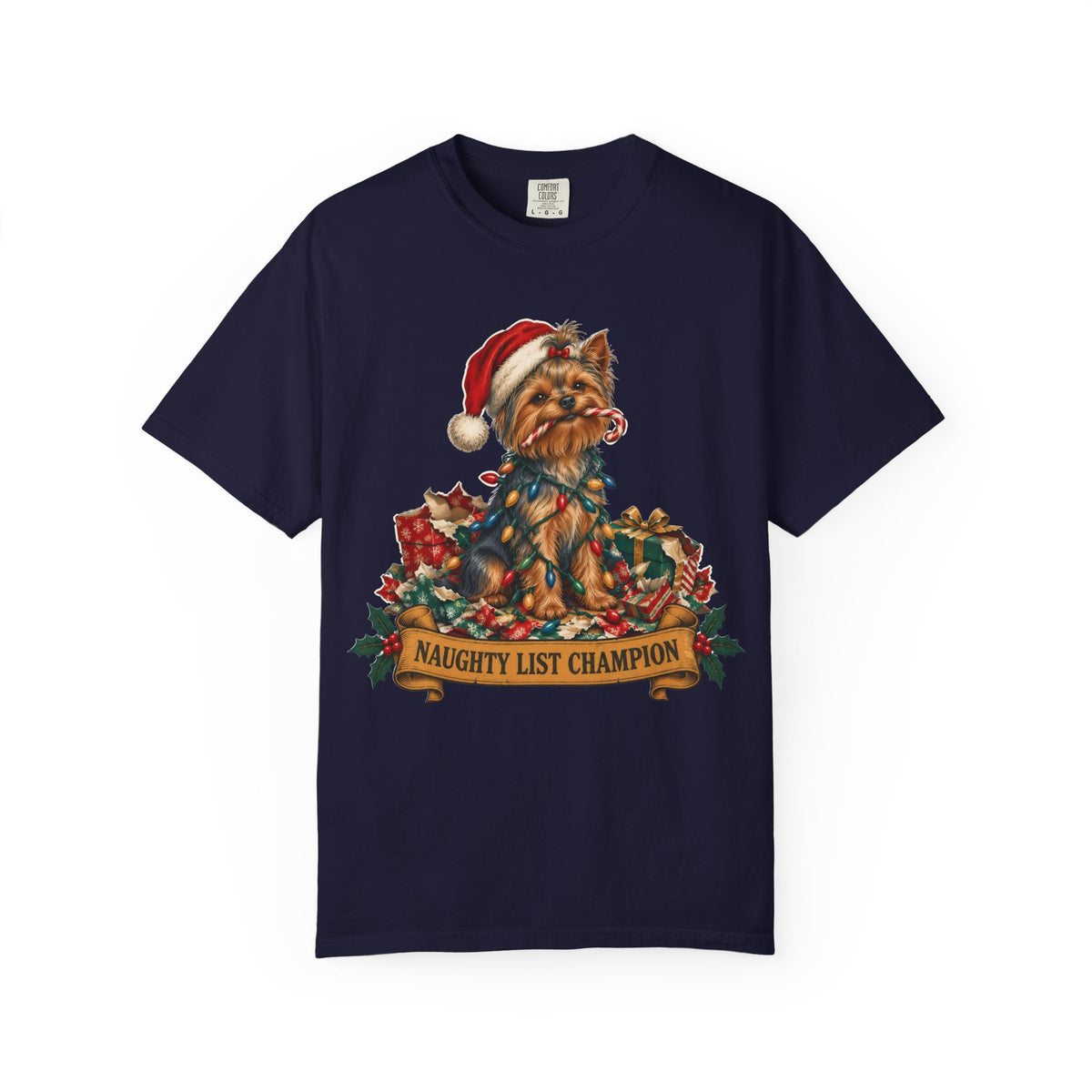Naughty List Champion Yorkshire Terrier Christmas Tee