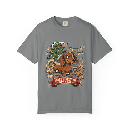 Dachshund Most Likely To Get Coal Tee | Funny Christmas Dog Graphic Shirt