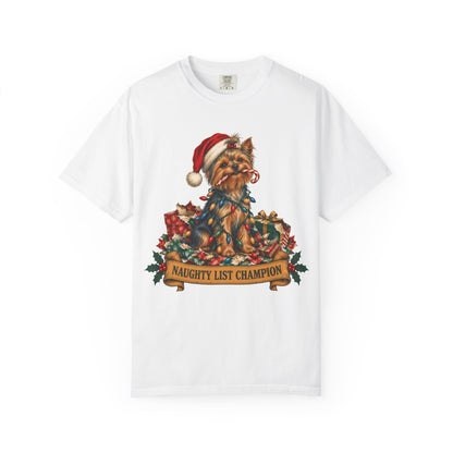 Naughty List Champion Yorkshire Terrier Christmas Tee