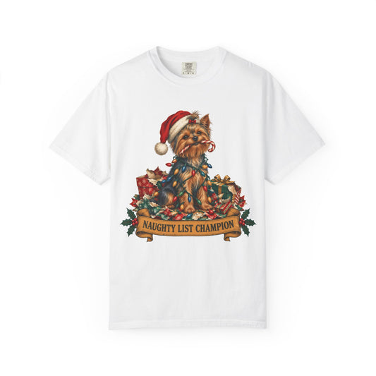 Naughty List Champion Yorkshire Terrier Christmas Tee
