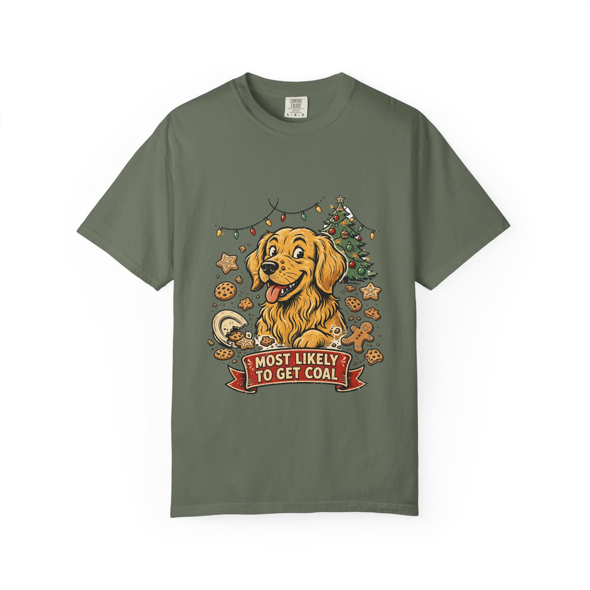 Golden Retriever Most Likely To Get Coal Tee | Funny Christmas Dog Graphic Shirt