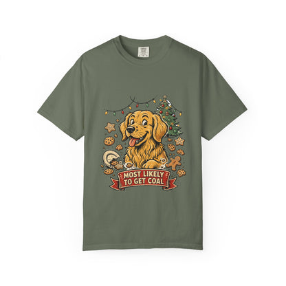 Golden Retriever Most Likely To Get Coal Tee | Funny Christmas Dog Graphic Shirt