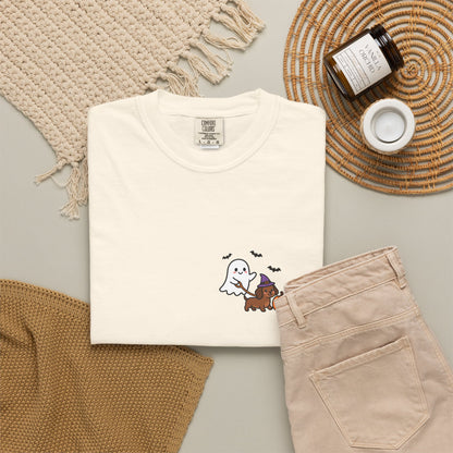Ghost Walking Dog Pocket Tee | Cute Halloween Dog Shirt
