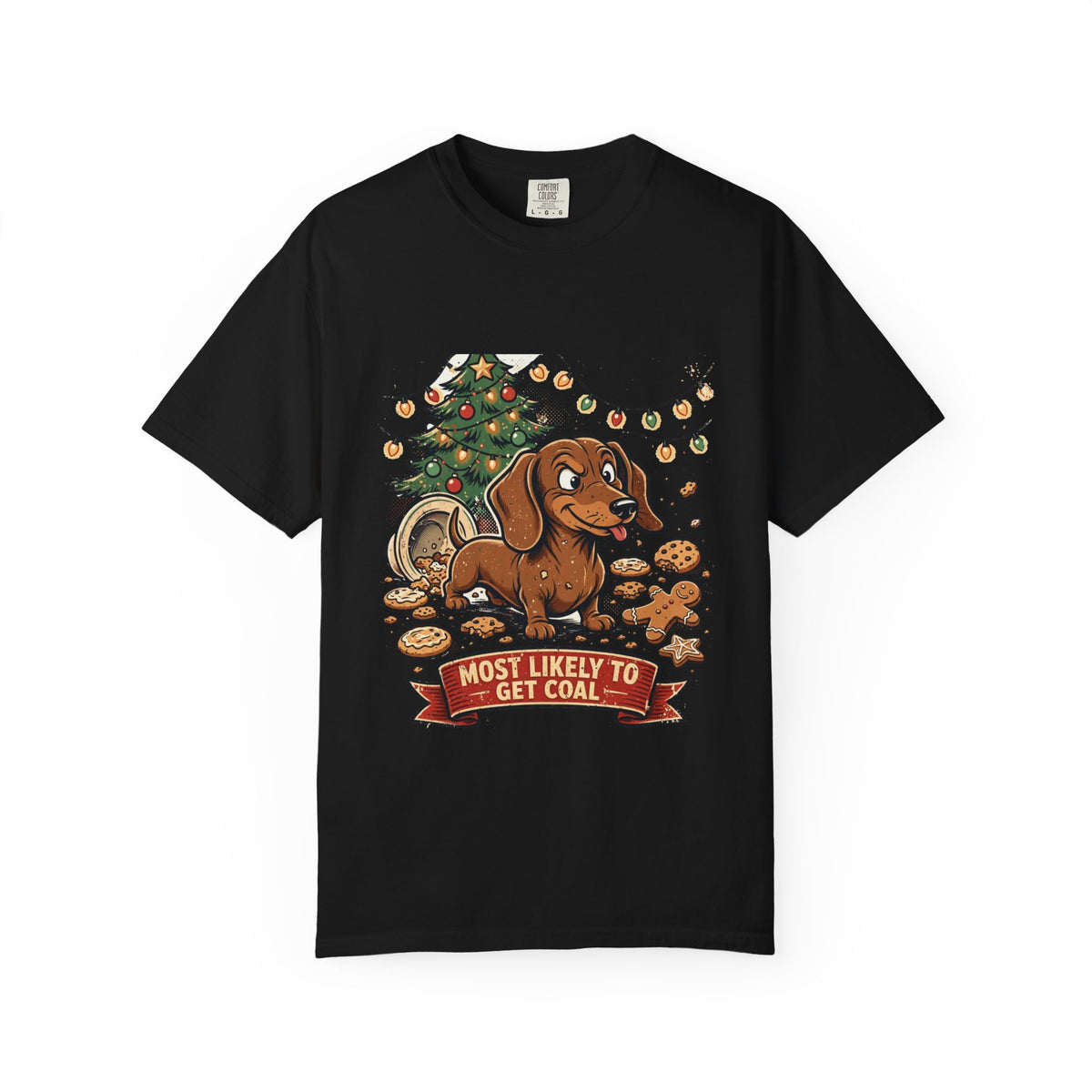 Dachshund Most Likely To Get Coal Tee | Funny Christmas Dog Graphic Shirt