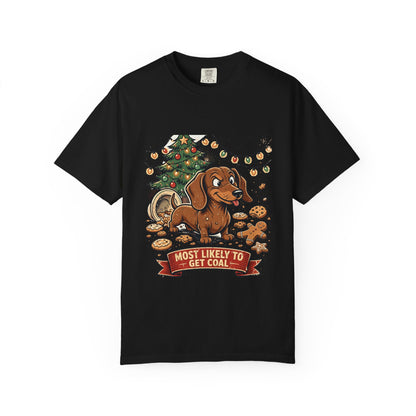 Dachshund Most Likely To Get Coal Tee | Funny Christmas Dog Graphic Shirt