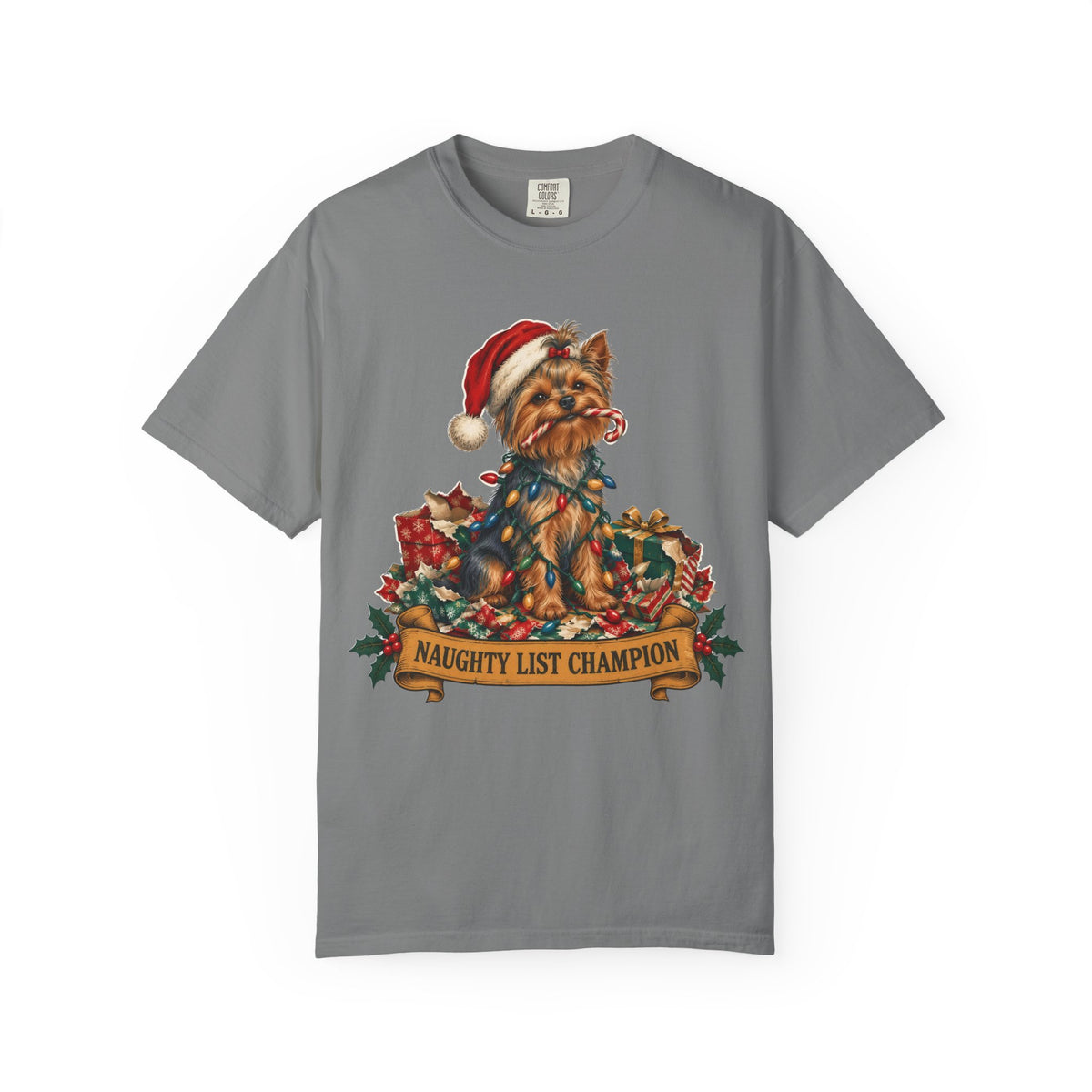 Naughty List Champion Yorkshire Terrier Christmas Tee