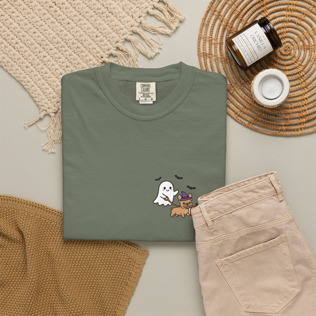 French Bulldog Ghost Walking Dog Pocket Tee Cute Halloween Dog Shirt
