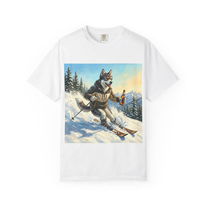 Siberian Husky Skiing Tee – funny winter dog graphic t-shirt