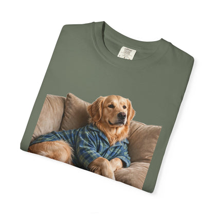 Golden Retriever He Sits Like He Pays Rent Tee | Funny Dog Shirt