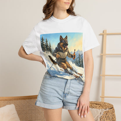 German Shepherd Skiing Tee | Funny Winter Dog Graphic Shirt
