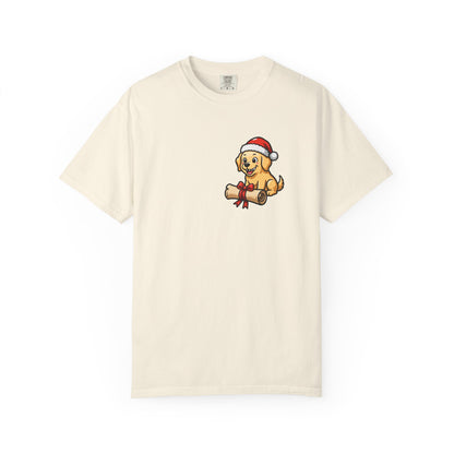 Naughty List Champion Golden Retriever Pocket Tee | Funny Christmas Dog Shirt