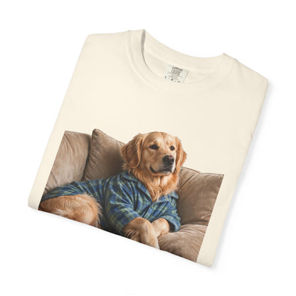 Golden Retriever He Sits Like He Pays Rent Tee | Funny Dog Shirt
