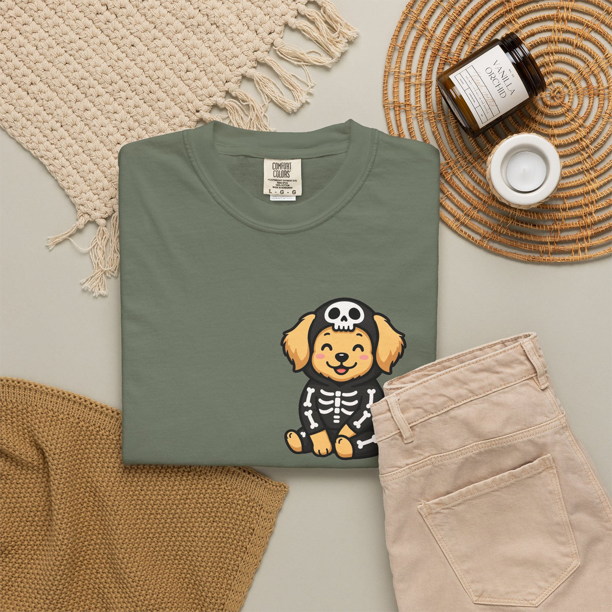 Golden Retriever Skeleton Halloween Pocket Tee | Cute Spooky Dog Shirt