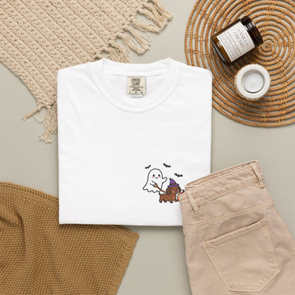 Ghost Walking Dog Pocket Tee | Cute Halloween Dog Shirt
