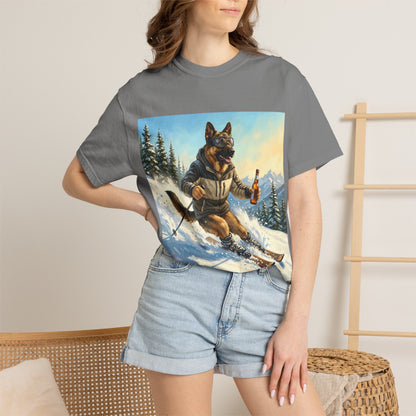 German Shepherd Skiing Tee | Funny Winter Dog Graphic Shirt