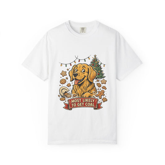 Golden Retriever Most Likely To Get Coal Tee | Funny Christmas Dog Graphic Shirt