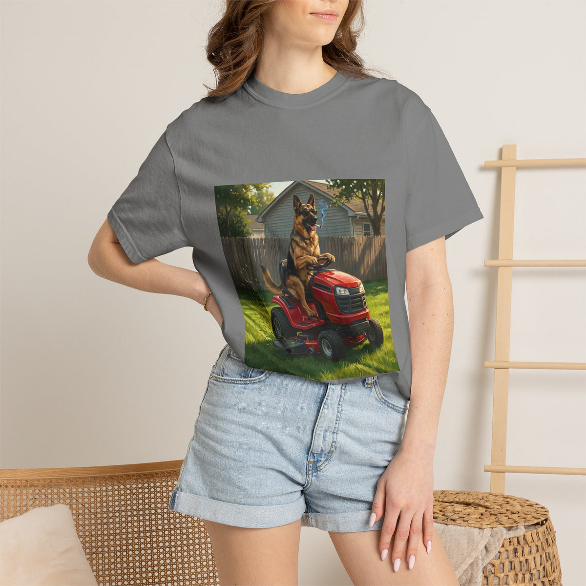German Shepherd Lawn Mower Tee | Funny Spring Dog Graphic Shirt
