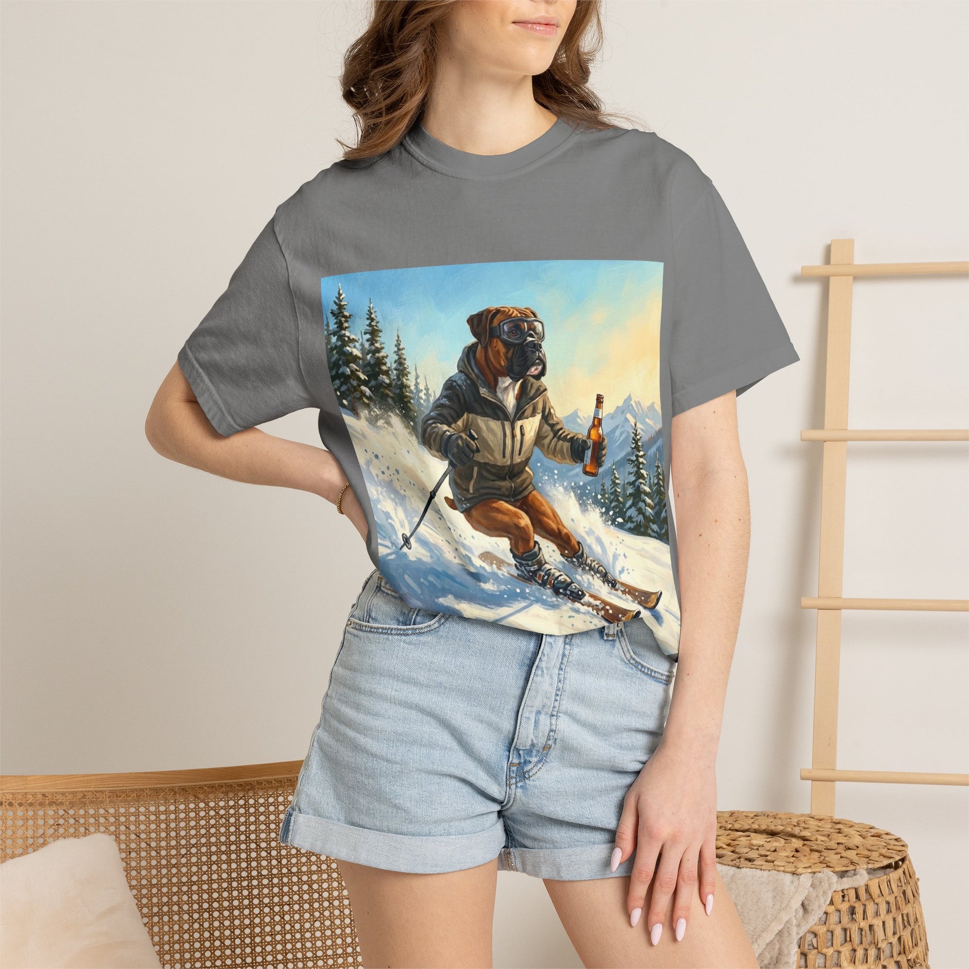Boxer Skiing Tee | Funny Winter Dog Graphic Shirt