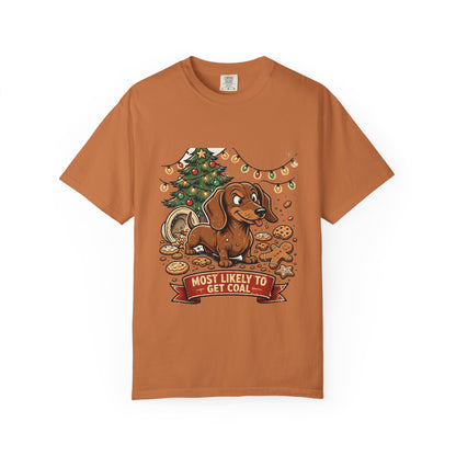 Dachshund Most Likely To Get Coal Tee | Funny Christmas Dog Graphic Shirt