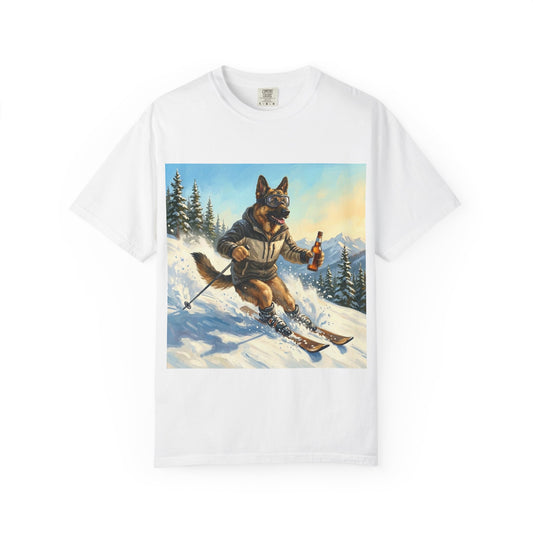 German Shepherd Skiing Tee – funny winter dog graphic t-shirt