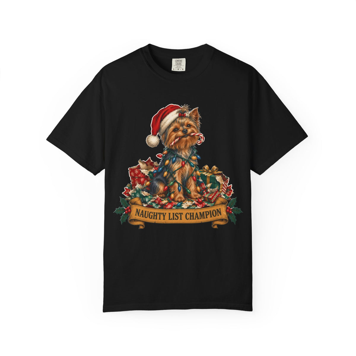 Naughty List Champion Yorkshire Terrier Christmas Tee