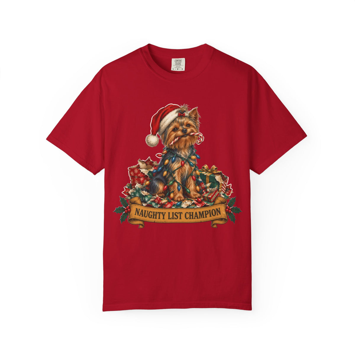 Naughty List Champion Yorkshire Terrier Christmas Tee