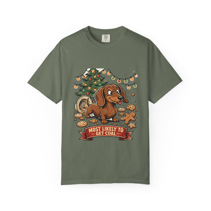 Dachshund Most Likely To Get Coal Tee | Funny Christmas Dog Graphic Shirt