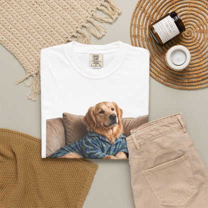 Golden Retriever He Sits Like He Pays Rent Tee | Funny Dog Shirt