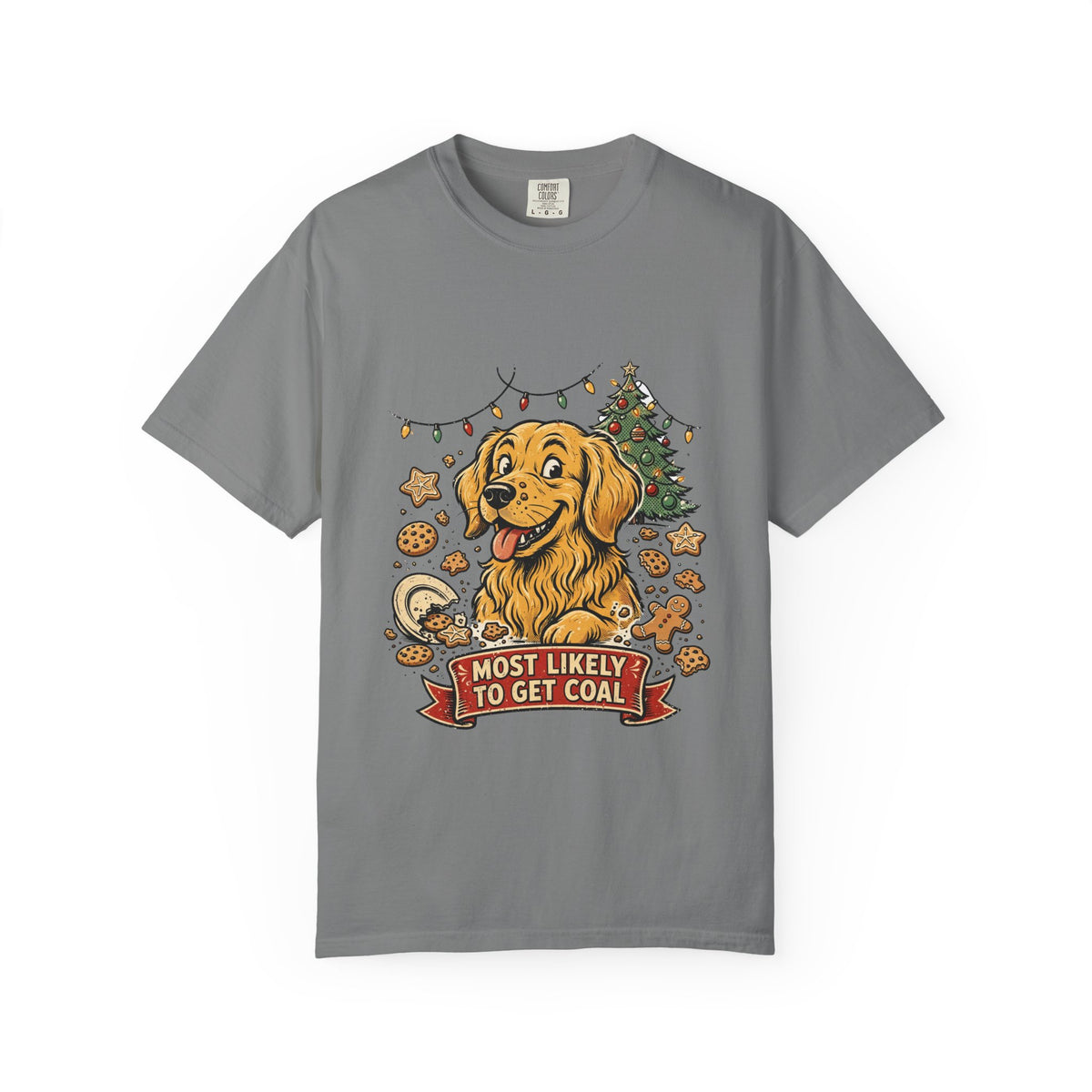 Golden Retriever Most Likely To Get Coal Tee | Funny Christmas Dog Graphic Shirt