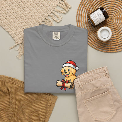 Naughty List Champion Golden Retriever Pocket Tee | Funny Christmas Dog Shirt