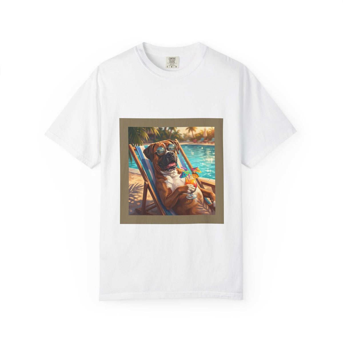 Boxer Poolside Tee – funny summer dog graphic t-shirt