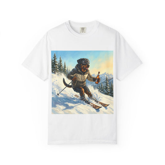 Rottweiler Skiing Tee – funny winter dog graphic t-shirt