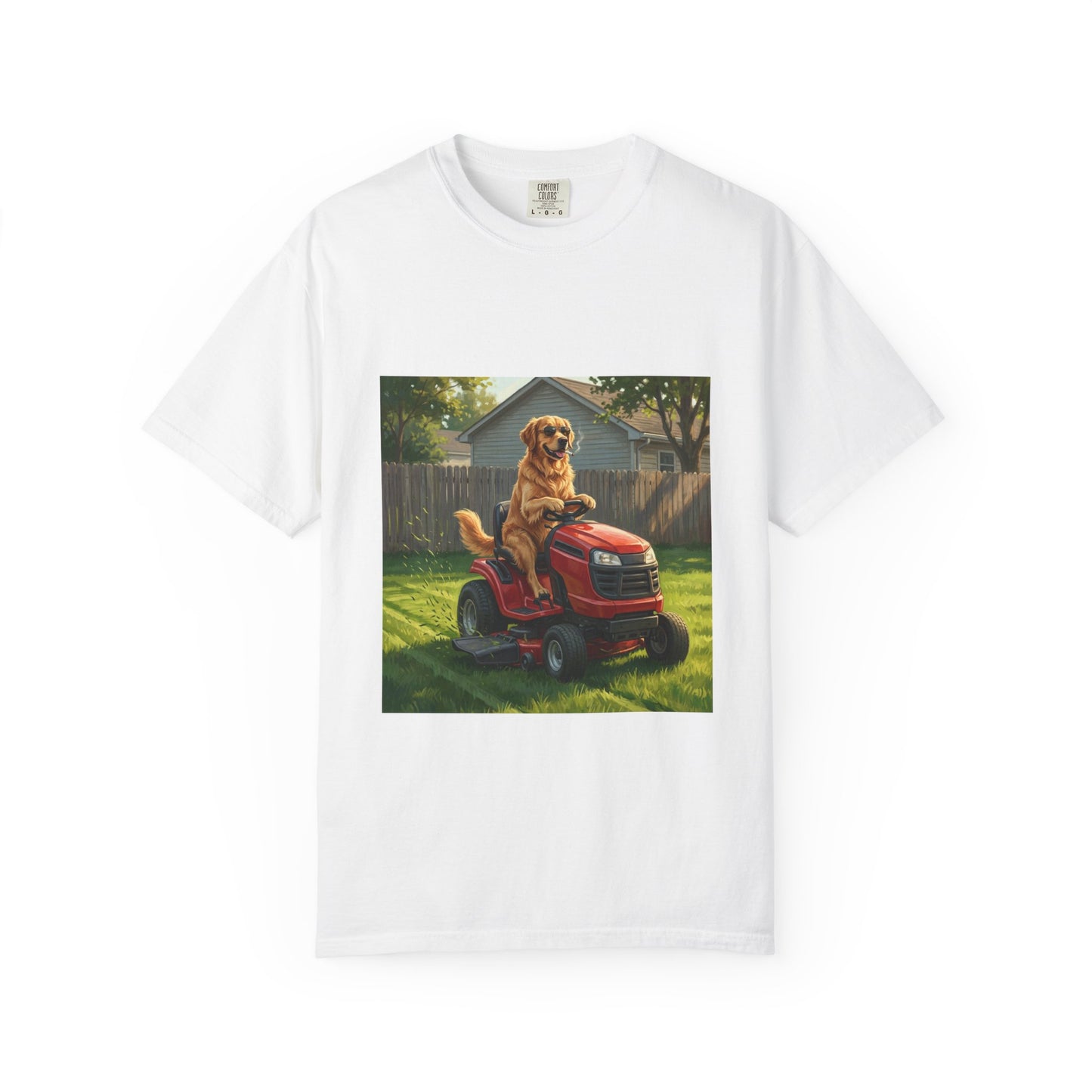 Golden Retriever Lawn Mower Tee – funny spring dog graphic t-shirt
