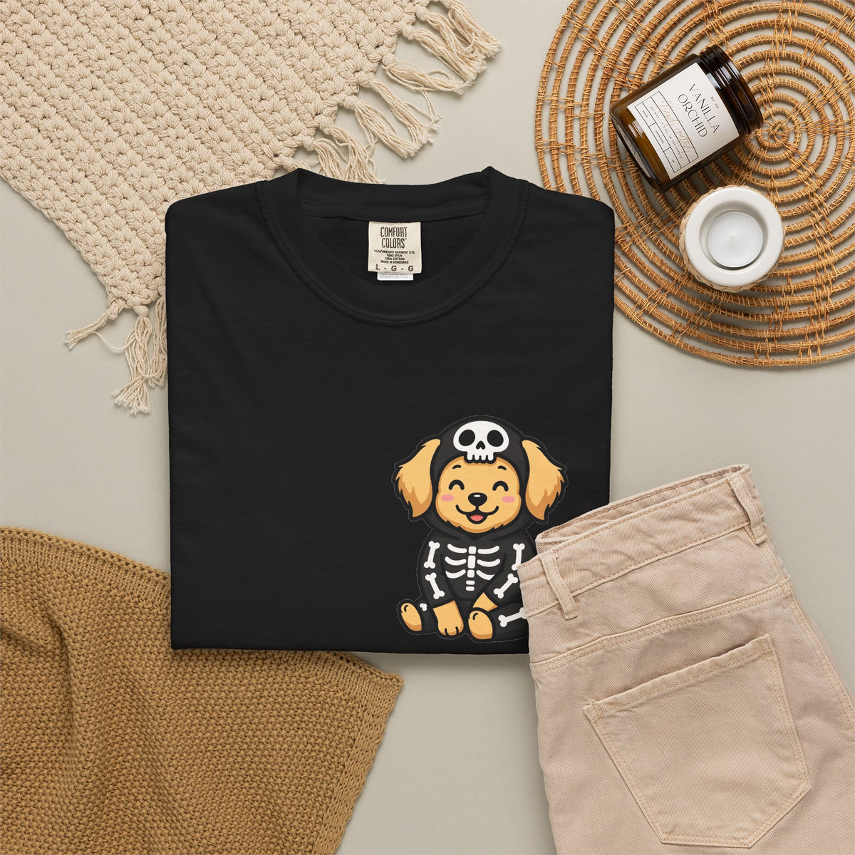 Golden Retriever Skeleton Halloween Pocket Tee | Cute Spooky Dog Shirt