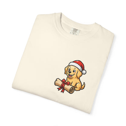 Naughty List Champion Golden Retriever Pocket Tee | Funny Christmas Dog Shirt