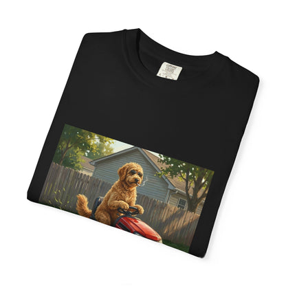 Goldendoodle Lawn Mower Tee | Funny Spring Dog Graphic Shirt