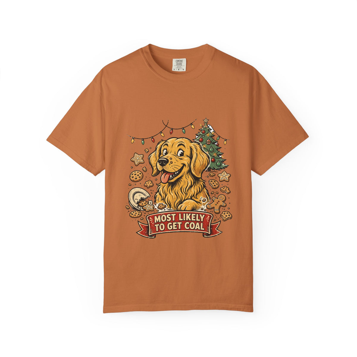 Golden Retriever Most Likely To Get Coal Tee | Funny Christmas Dog Graphic Shirt