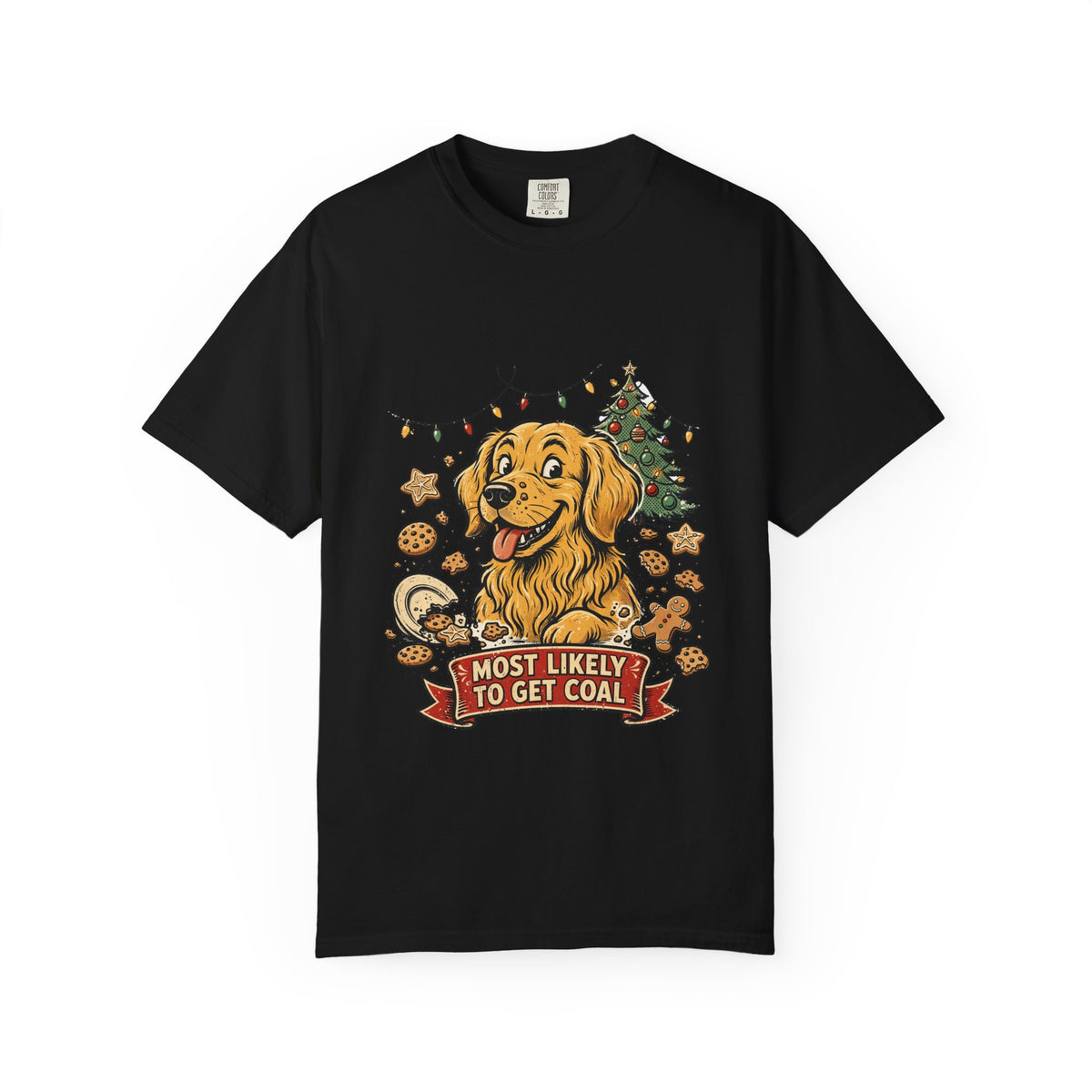 Golden Retriever Most Likely To Get Coal Tee | Funny Christmas Dog Graphic Shirt